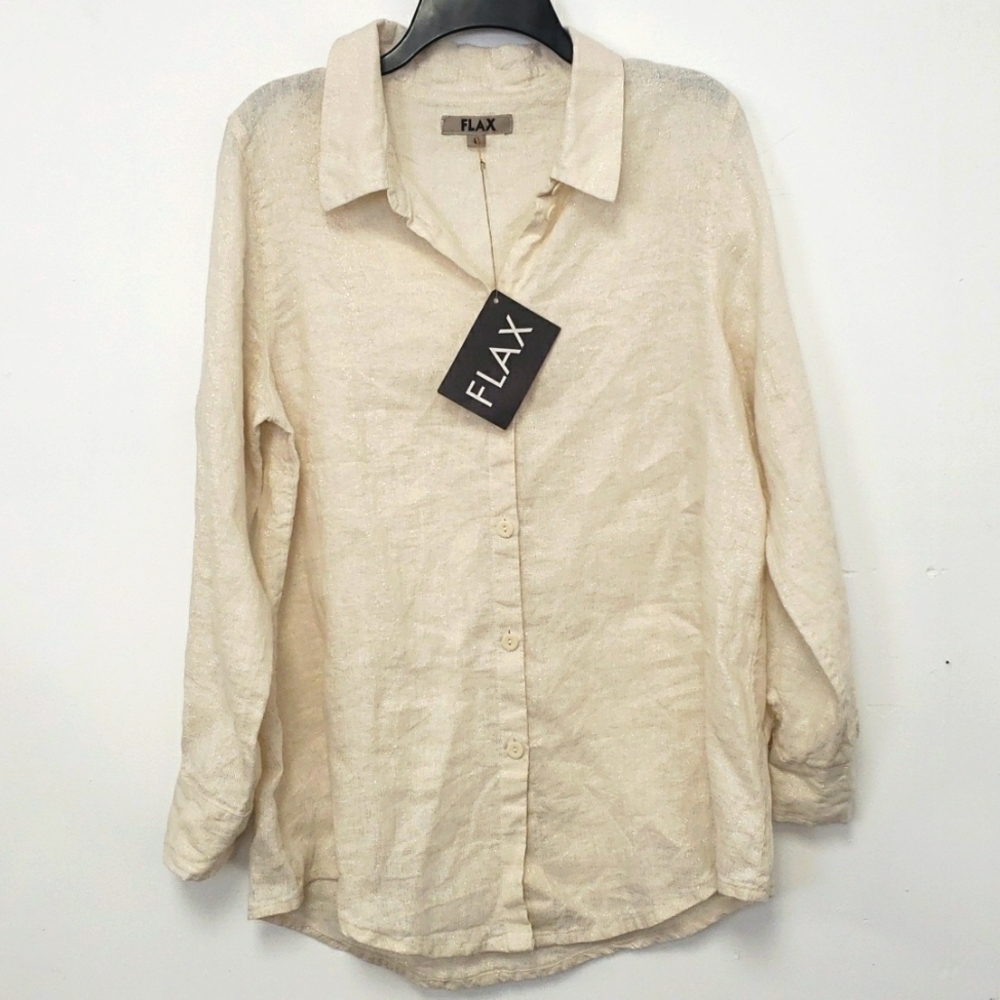 Flax Linen Long Button Up Shirt Natural & Silver Metallic Thread Oversize S NWT
